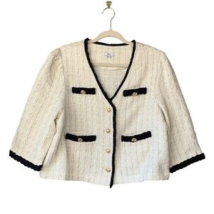 VOY Boucle Tweed Blazer Jacket Black Trim Gold Buttons Cropped 3/4 Sleeve Size L